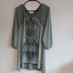 Women's large Unity sage green tunic long sleeve shirt tie neck asymmetrical hem